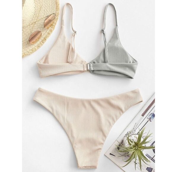 Two Tone Ribbed O-Ring Bikini Bathing Suit - Picture 3 of 5